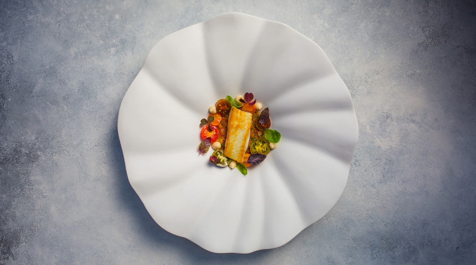 Overhead view of delicate seafood dish on a white plate