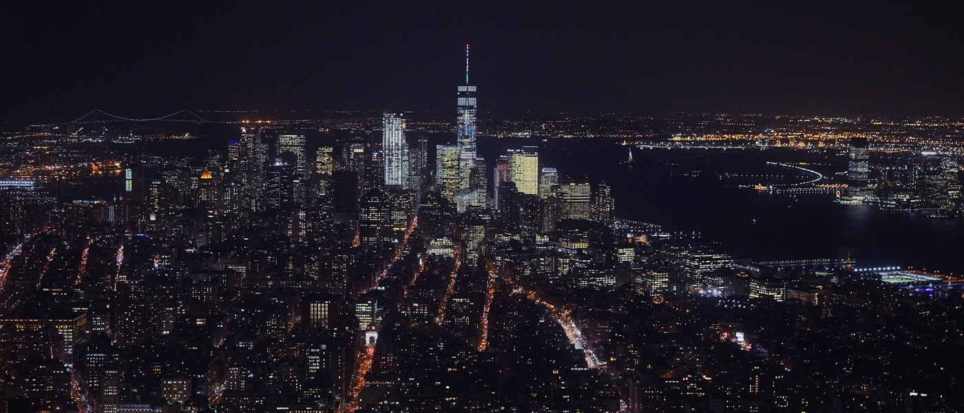 Aerial view of the New York City skyline at night