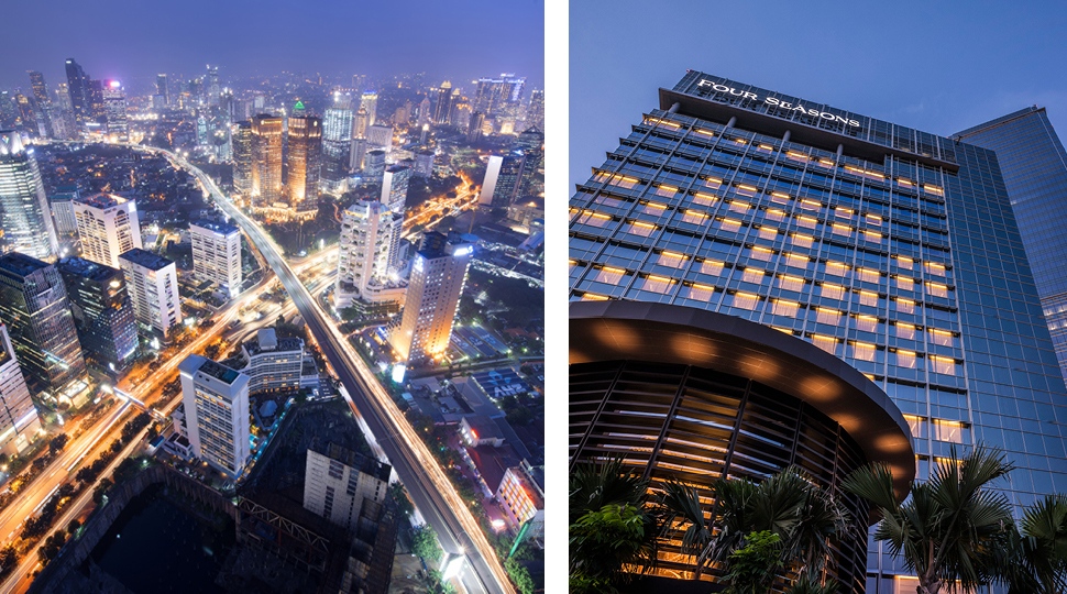 Jakarta skyline and Four Season Hotel Jakarta exterior