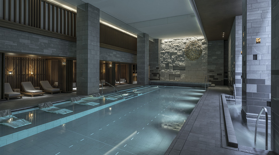 Empty pool illuminated by lights