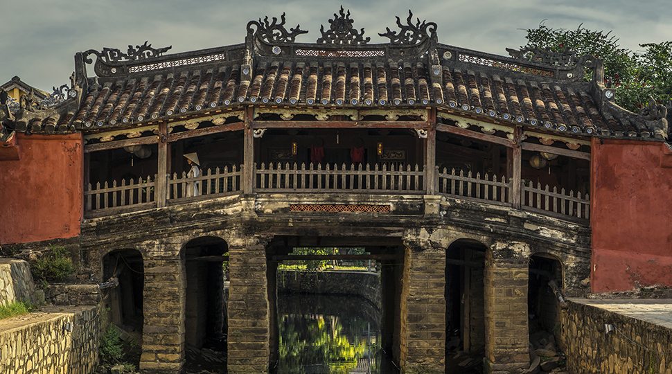 A side view of an ornate stone walkway in Hoi An, Vietnam
