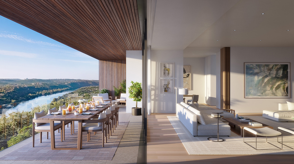 Long dining table set on an outdoor patio on the left and a bright and airy living room on the right
