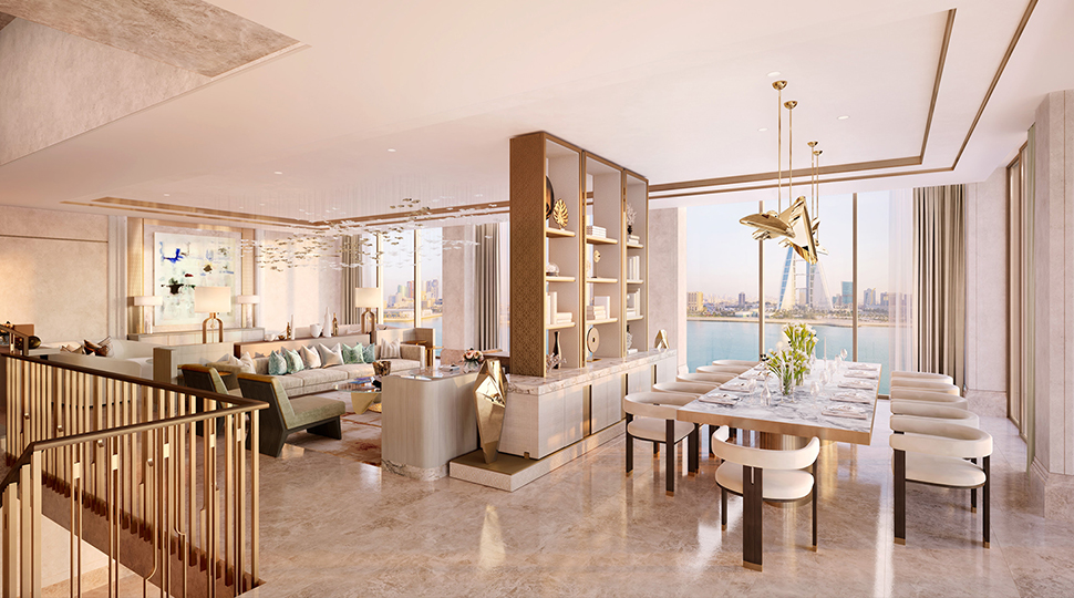 Open-concept living room and dining room with white marble floors and white walls