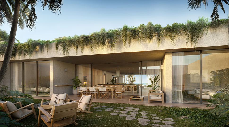 Covered outdoor patio with foliage growing over the ceiling