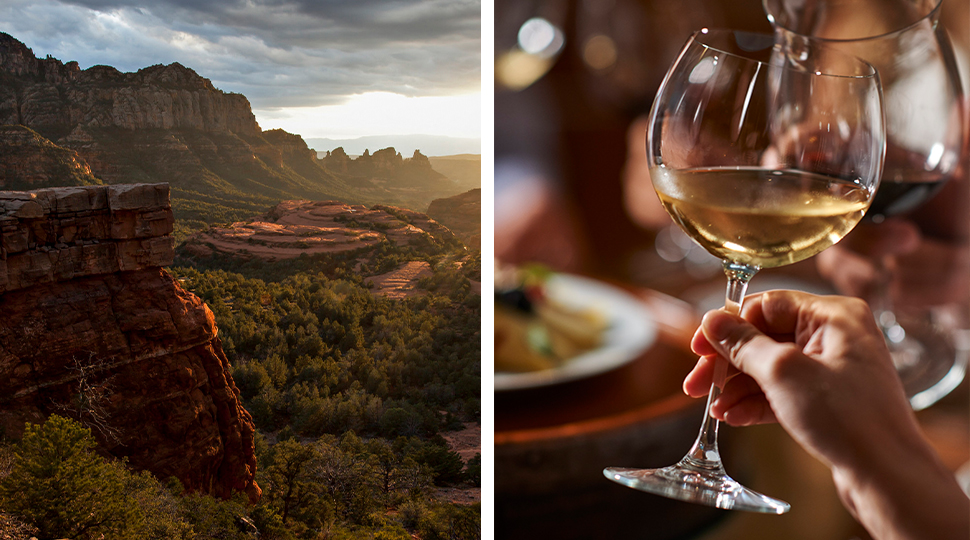 Sunset over Grand Canyon rocks, cliffs, next to an image of a hand holding a glass of white wine