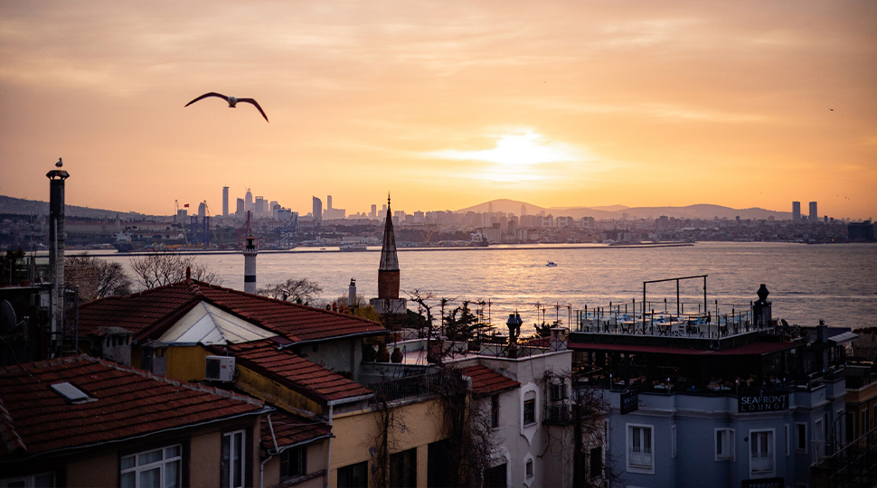 View of the Bosphorus and Istanbul skyline at sunset