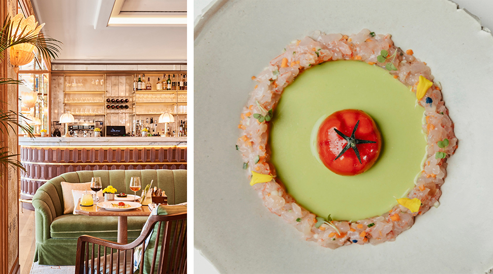 Split image of cafe dining area furnished with a light-green velvet sofa, small table and a bar counter behind it next to an overhead image of Nitro Tomato and Green Gazpacho at Dani brasserie in Madrid