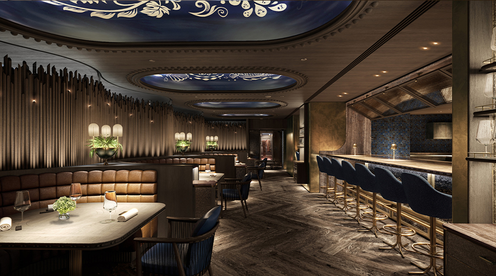 Dimly lit interior of Noi restaurant