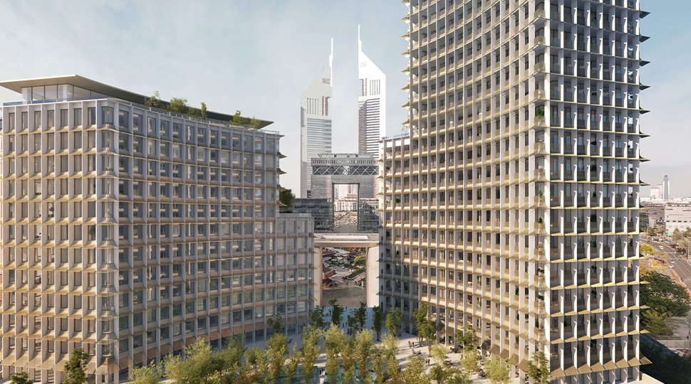 Rendering of two large skyscrapers in a curved shape encircling a plaza