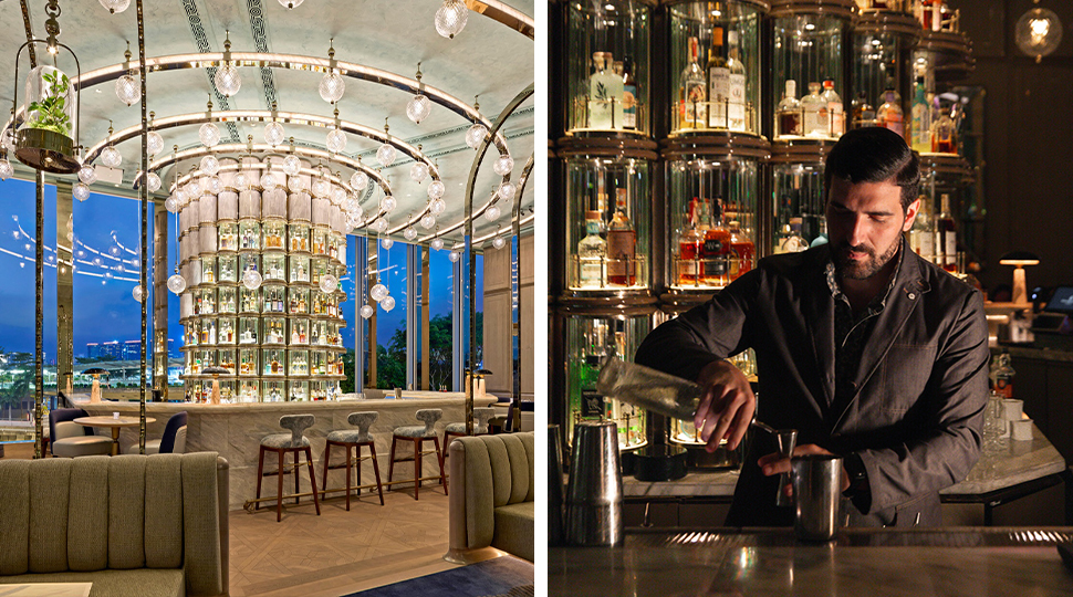 Left: Large central bar area with glowing lights; Right: Bartender wearing a dark shirt under a dark grey suit jacket fixes a cocktail behind the bar