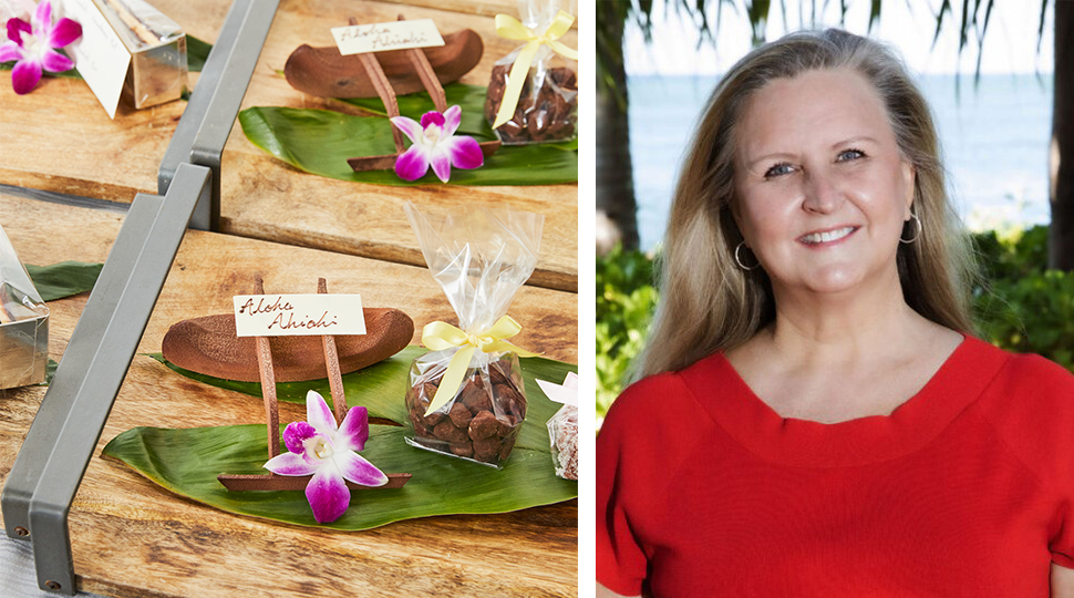 Left: Place setting with purple flower, large green leaf and a bundle of sweets in a bag; Right: Person with long blond hair wearing a red shirt smiles in front of the water