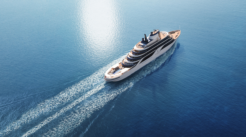 Large yacht floats through the blue sea