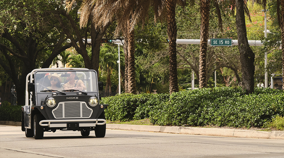 Two people ride down a palm-tree lined street in a black Moke