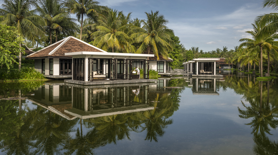 Spa pavilion set along a topical lagoon