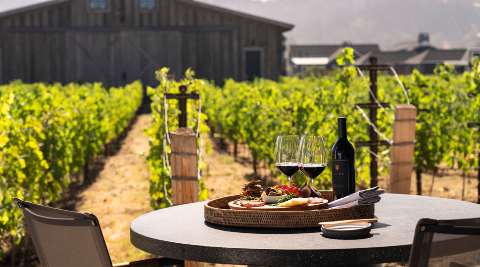 Two wine glasses and a charcuterie plate sit on the centre of a small round bistro table set in the middle of a vineyard