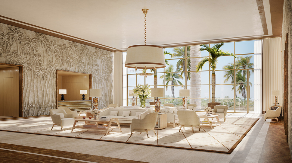Large living room with seating area and a wall of floor-to-ceiling paned windows