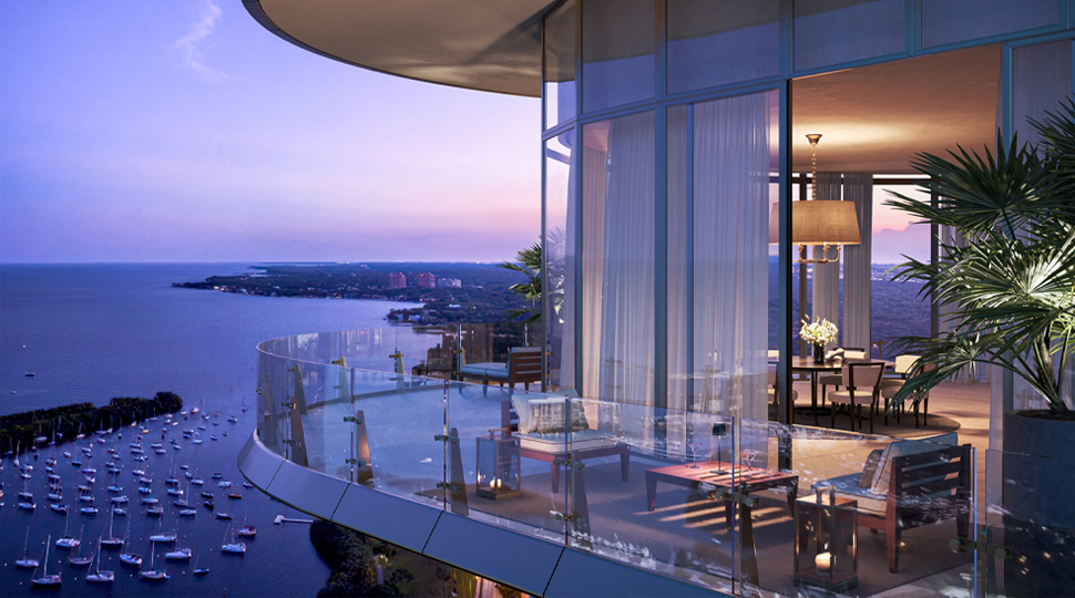 Residential terrace overlooking a marina at dusk