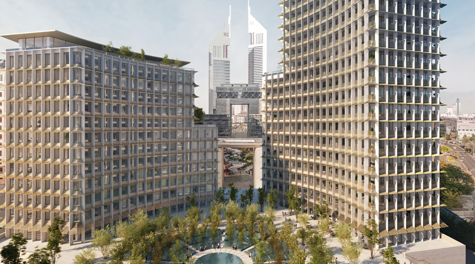 Two skyscrapers with a central plaza and garden